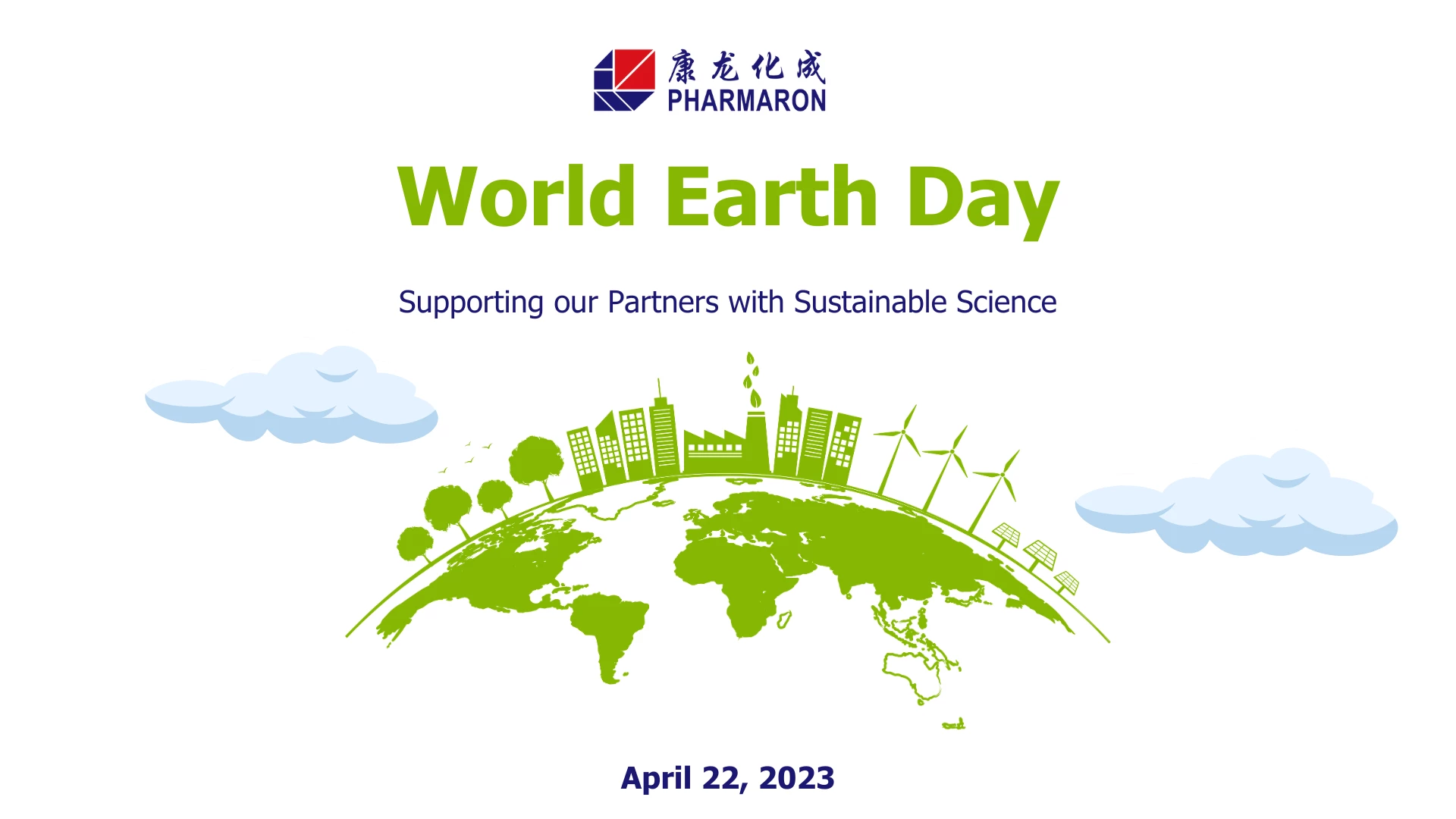 Pharmaron World Earth Day 2023 banner featuring a green globe with wind turbines, trees, and cityscape, promoting sustainable science initiatives.