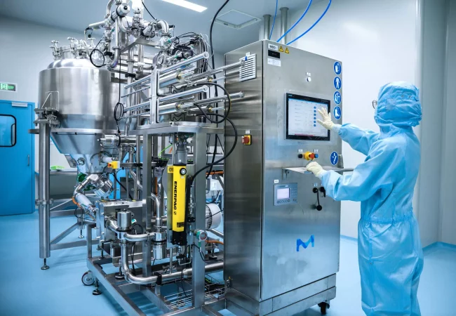 A scientist in full protective gear operates a control panel for large stainless steel bioprocessing equipment in a cGMP drug substance manufacturing facility.
