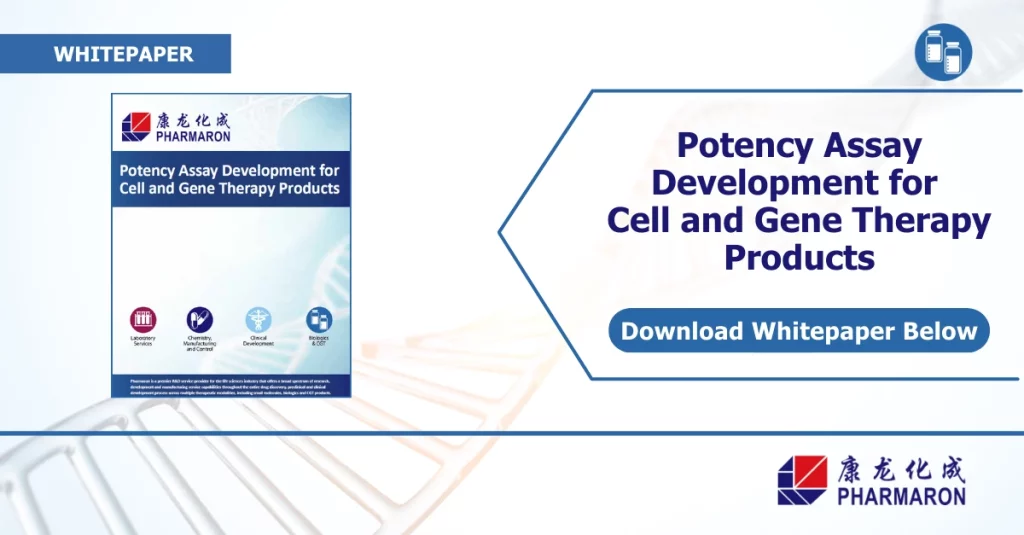 An image depicting a whitepaper advertisement for Pharmaron titled "Potency Assay Development for Cell and Gene Therapy Products." It includes a thumbnail of the whitepaper cover, an RNA/DNA strand background, and a "Download Whitepaper Below" button with the Pharmaron logo. The paper also touches on genetic toxicology insights.