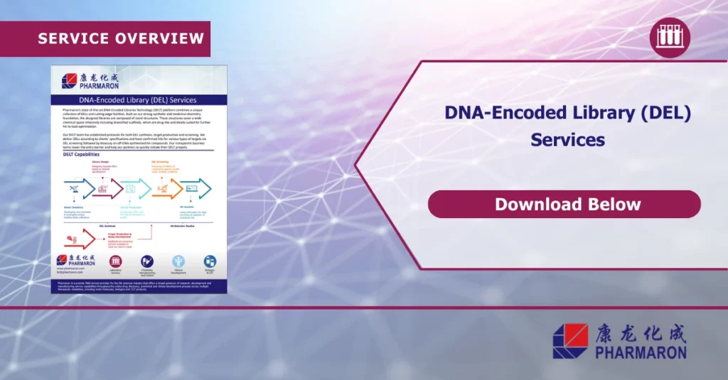 An image with a hexagonal patterned background showcasing a flyer titled, "DNA-Encoded Library (DEL) Services." To the right, the text reads: "DNA-Encoded Library (DEL) Services. Download Below." The logo and name "Pharmaron" are at the bottom right, emphasizing their expertise in preclinical ADME studies.