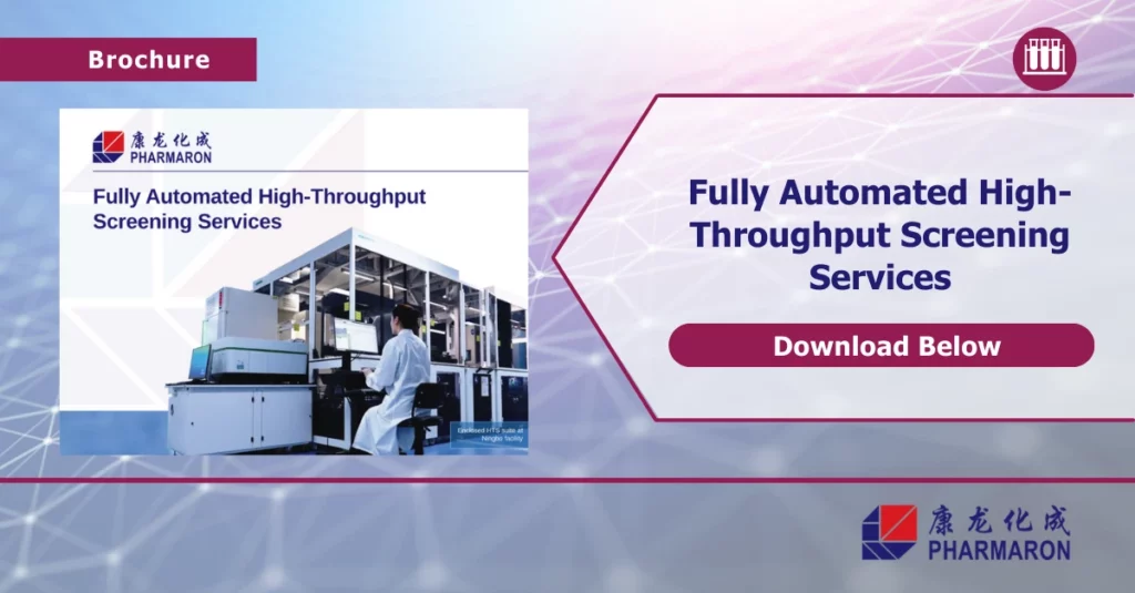 A brochure cover showcasing Pharmaron's Fully Automated High-Throughput Screening Services. The left side has an image of a technician working with automated equipment used in Preclinical ADME studies. The right side features a "Download Below" call to action.