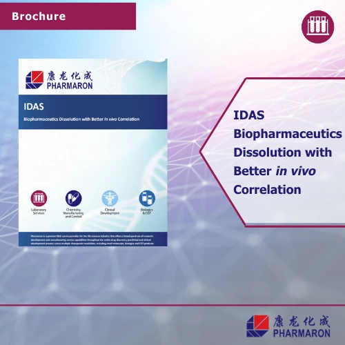 IDAS brochure with a clean design featuring blue gradients and icons, highlighting biopharmaceutics dissolution with better in vivo correlation.