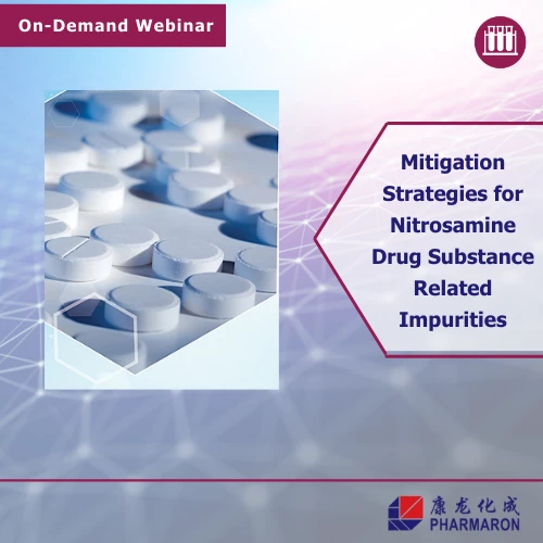White tablets arranged in a geometric pattern with a gradient background, promoting a webinar on nitrosamine drug substance impurities by Pharmaron.