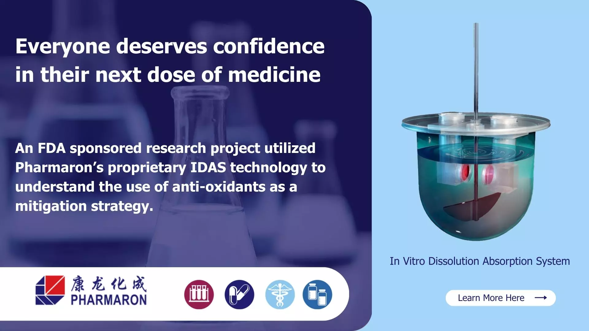 A promotional graphic for Pharmaron, featuring the text "Everyone deserves confidence in their next dose of medicine" and information about an FDA-sponsored research project on genetic toxicology. The image includes lab equipment and a visual of an in vitro dissolution absorption system.