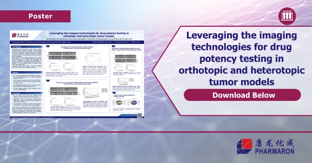 A promotional poster displays scientific information on leveraging imaging technologies for drug potency testing in orthotopic and heterotopic tumor models. It includes text, graphs, and images related to Preclinical ADME studies. A "Download Below" button is visible, along with Pharmaron's logo.