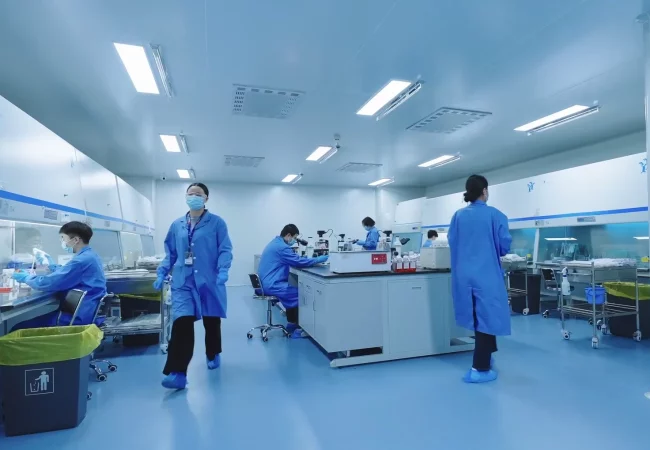 A group of scientists wearing blue lab coats, hair coverings, and masks works in a clean, modern laboratory conducting custom cell line engineering via CRSIPR and other gene editing methods to create stable custom cell lines.