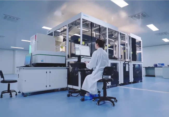Scientist in a laboratory working at a computer station next to automated high-content screening equipment, conducting a cell painting experiment.