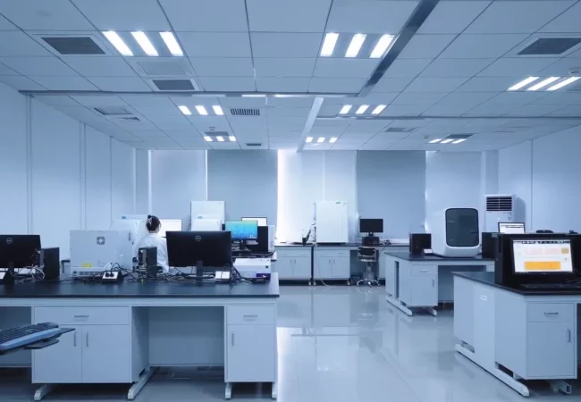 Scientists in a modern laboratory analyzing cell images on dual monitors, engaging in a high-content screening technique known as cell painting.