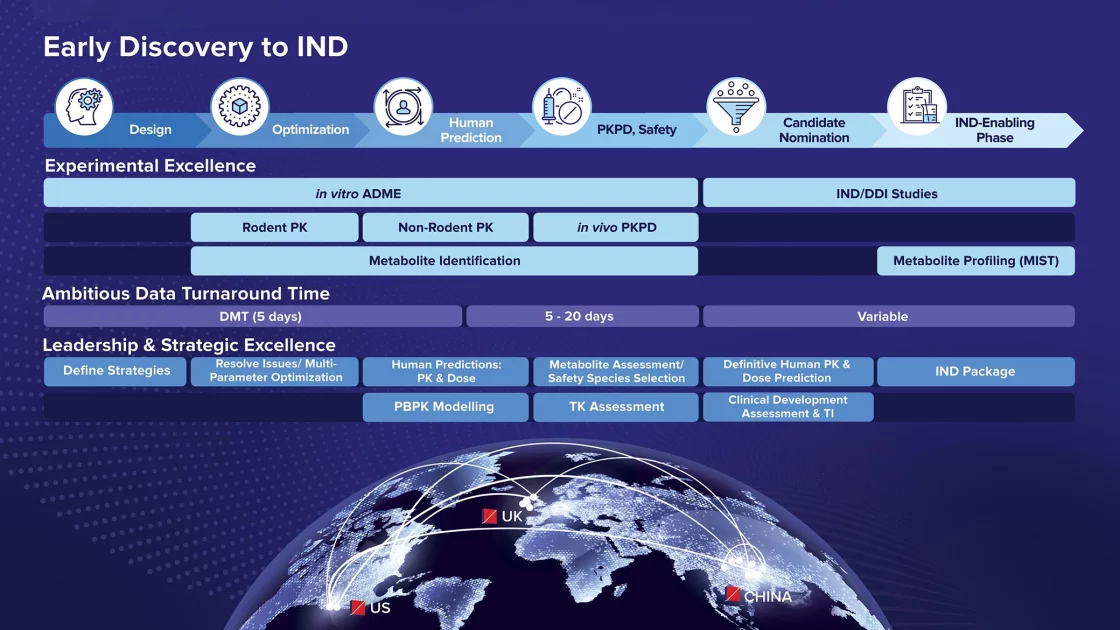Infographic showing the early discovery to IND process, highlighting integrated in vitro and in vivo ADME studies, PKPD, human prediction, and IND/clinical strategy.