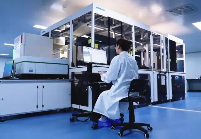 Scientist in a lab coat works at a computer within a high-tech lab, surrounded by advanced machinery, showcasing Pharmaron's high-throughput screening service suite for efficient and automated research