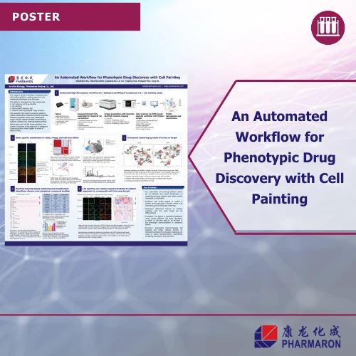 Scientific poster titled "An Automated Workflow for Phenotypic Drug Discovery with Cell Painting" displayed with Pharmaron branding and iconography.