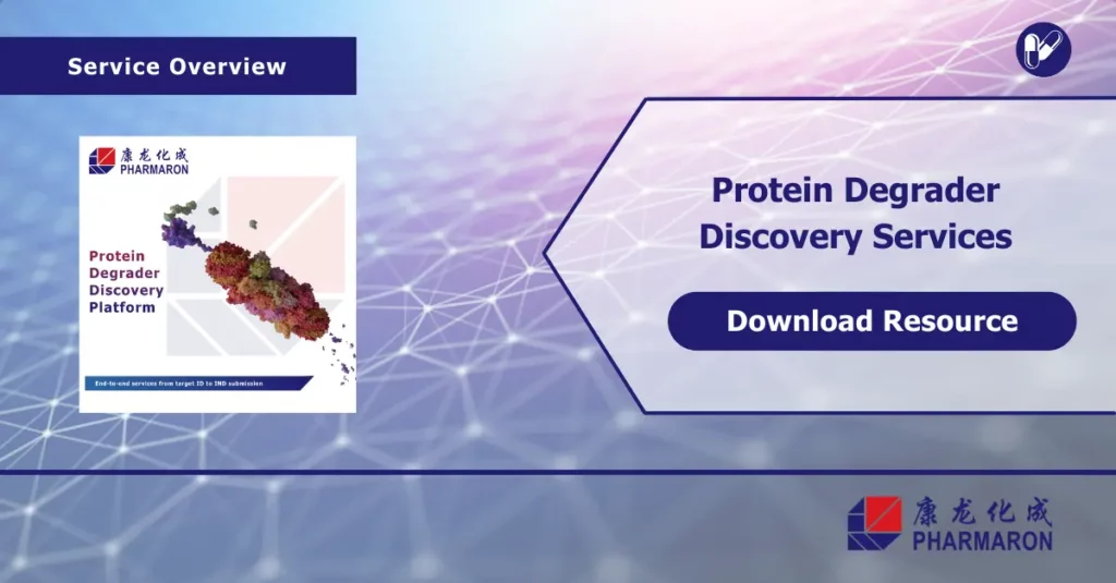 Service overview for Pharmaron's Protein Degrader Discovery Services featuring a graphic of a protein degradation structure. The text highlights 'Protein Degrader Discovery Platform' with a call-to-action button reading 'Download Resource.' The background includes a geometric, network-like design, emphasizing the concept of targeted protein degradation and its application in discovery services from target ID to IND submission.