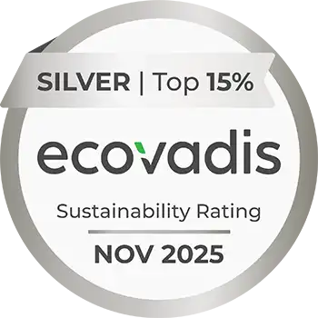 Silver EcoVadis sustainability rating badge for November 2025, highlighting top 15% achievement in sustainability performance.