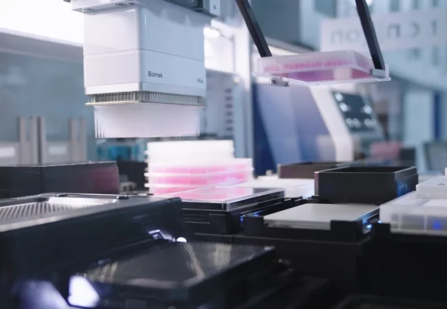 Automated liquid handling system dispensing samples into 96-well plates, facilitating drug modalities research in a laboratory setting.