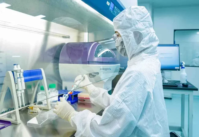 A scientist in full protective gear performs precise pipetting in a sterile lab environment, supporting advanced cell line development services (CLD).