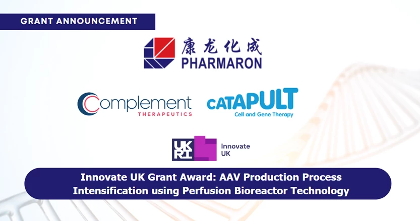 Pharmaron, Complement Therapeutics, and CGT Catapult logos are displayed with the announcement of their Innovate UK grant for AAV production process intensification. A light DNA strand graphic is visible in the background.