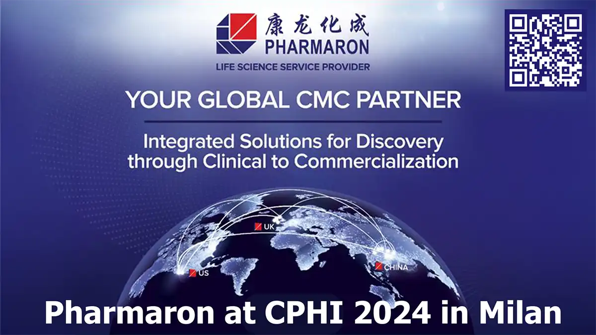 Pharmaron promotional banner featuring a global map with US, UK, and China locations, highlighting integrated CMC solutions for CPHI 2024 in Milan.