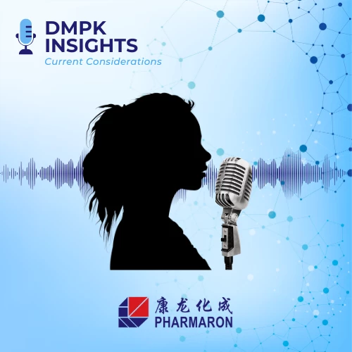 DMPK Insights graphic featuring a microphone, soundwave illustration, and Pharmaron branding, symbolizing a podcast or audio discussion on current topics.