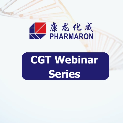 Pharmaron CGT Webinar Series banner with a DNA strand and blue text, highlighting advanced topics in cell and gene therapy research.