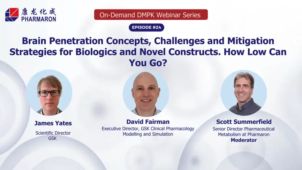 Episode 24 webinar slide featuring James Yates, David Fairman, and Scott Summerfield discussing brain penetration concepts for biologics.