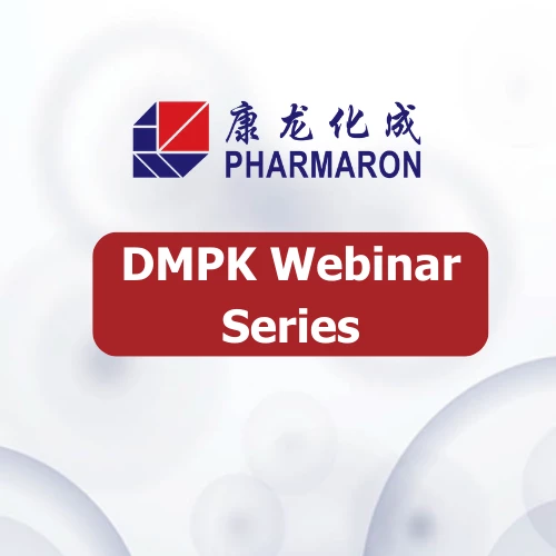 Pharmaron DMPK Webinar Series banner with a clean white background and red text, promoting educational content on drug metabolism and pharmacokinetics.