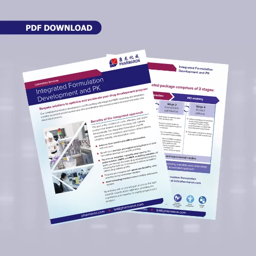 Promotional flyer for Pharmaron's Integrated Formulation Development and PK services, paired with text highlighting benefits for drug development programs.