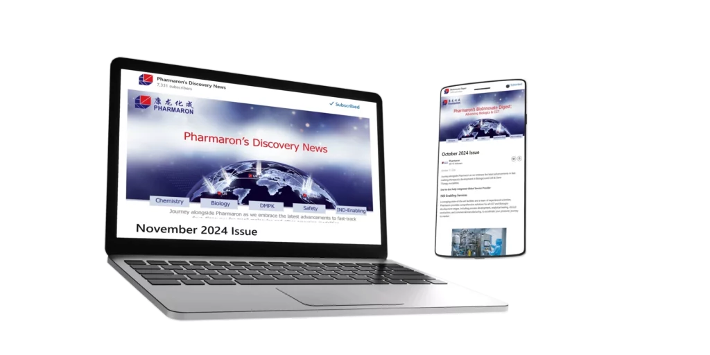 Laptop and smartphone screens display Pharmaron’s Discovery News and BioInnovate Digest issues, showcasing global R&D updates and scientific advancements for November 2024.
