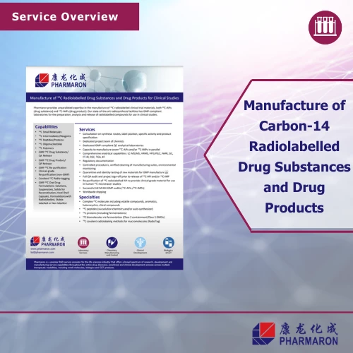 Pharmaron service overview for manufacturing Carbon-14 radiolabeled drug substances and products, highlighting capabilities, services, and specialties on a gradient background.