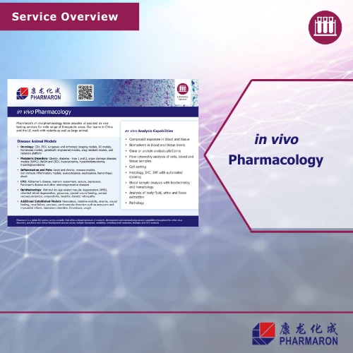 Pharmaron service overview for in vivo pharmacology, highlighting disease animal models and analytic capabilities against a gradient background with network patterns.