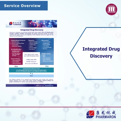 Pharmaron service overview for Integrated Drug Discovery, detailing capabilities in computational sciences, chemistry, and biosciences on a molecular-patterned background.