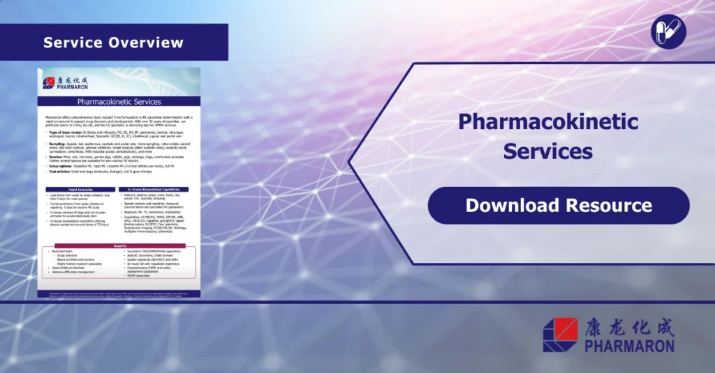 Pharmaron's pharmacokinetic services overview with a download resource button on a geometric-patterned background.
