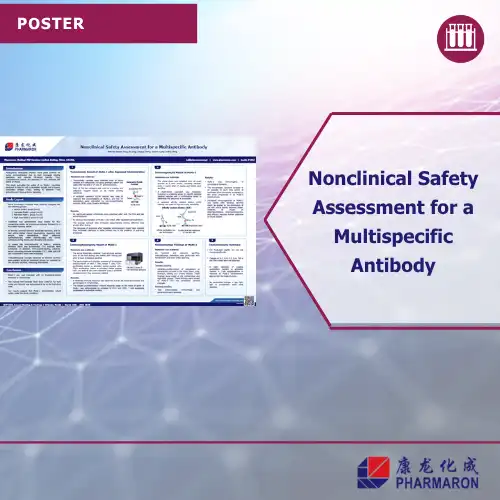 Poster titled "Nonclinical Safety Assessment for a Multispecific Antibody" featuring study data, diagrams, and safety evaluation findings.