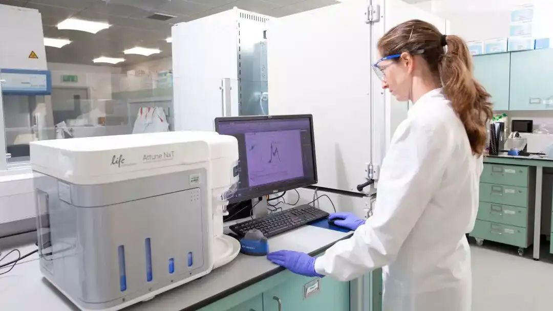 A scientist wearing safety glasses, a lab coat, and gloves operates a flow cytometer (Life Attune NxT) in a laboratory setting. The instrument is connected to a computer displaying analytical data, with lab equipment and storage cabinets visible in the background.