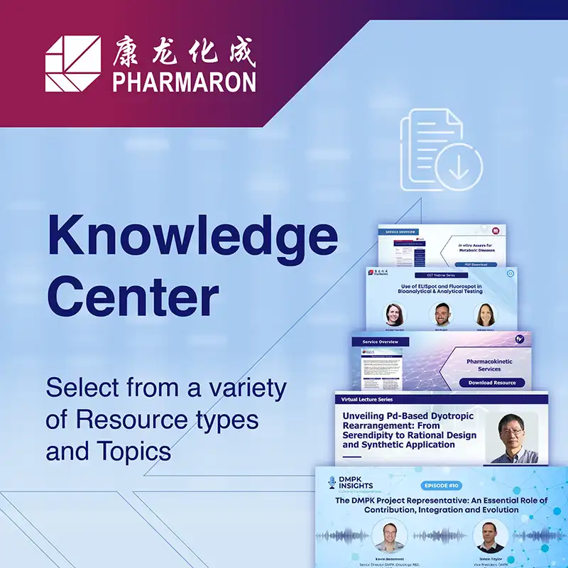 Pharmaron Knowledge Center visual featuring brochures, scientific resources, and a building exterior, highlighting expertise in research and innovation.