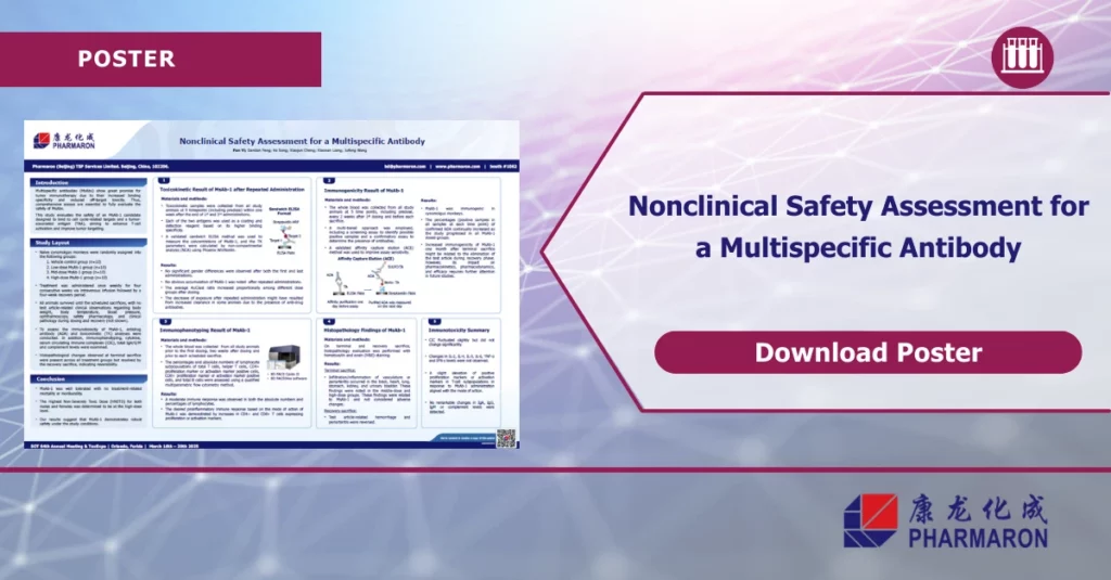 Pharmaron scientific poster on nonclinical safety assessment of a multispecific antibody. Call-to-action button says "Download Poster."