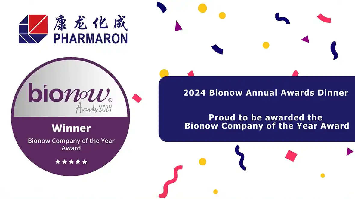 Pharmaron wins the 2024 Bionow Company of the Year Award, highlighted with a purple and silver badge, company logo, and celebratory confetti.