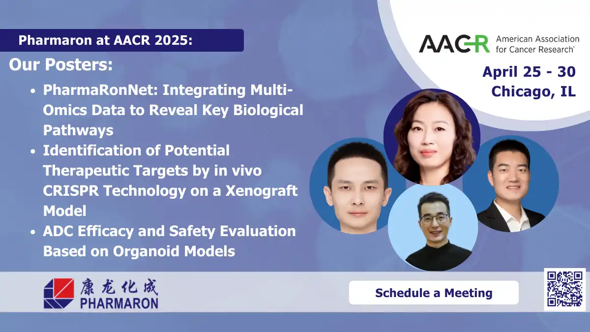 Pharmaron scientists with AACR 2025 poster titles on omics data, CRISPR xenografts, and ADC organoid models; event in Chicago, April 25–30.