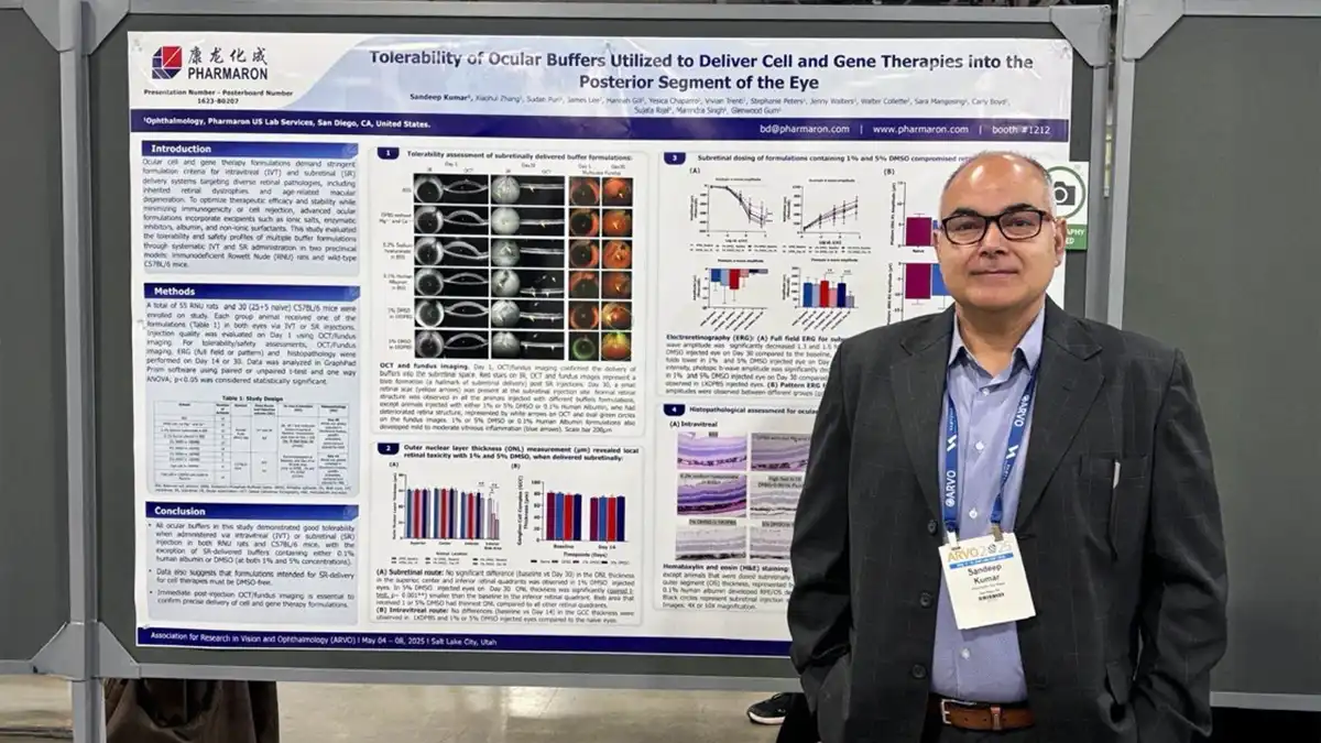 Scientist stands before Pharmaron poster on ocular buffer tolerability for cell and gene therapies, featuring eye imaging and toxicity data.