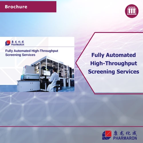 Scientist operating advanced lab automation equipment featured in brochure for fully automated high-throughput screening services.