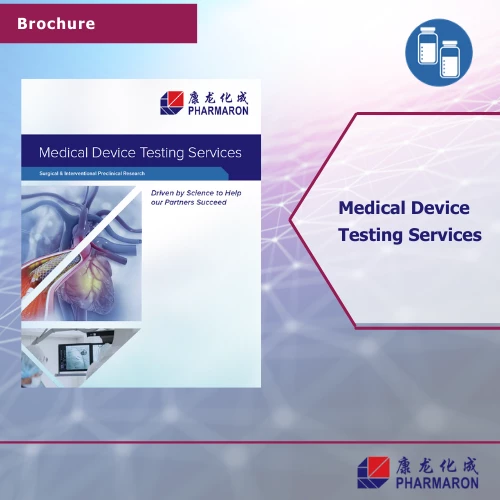 Brochure cover featuring "Medical Device Testing Services" with anatomical imagery and medical device visuals, branded with Pharmaron logo.