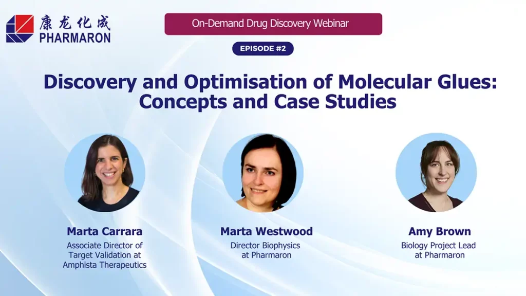 Pharmaron webinar banner with three scientists discussing molecular glues, scheduled for June 18, 2025, with global times listed.