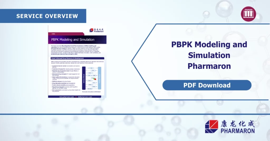 PBPK modeling and simulation service overview featuring Pharmaron's brochure, download button, and molecular background design.