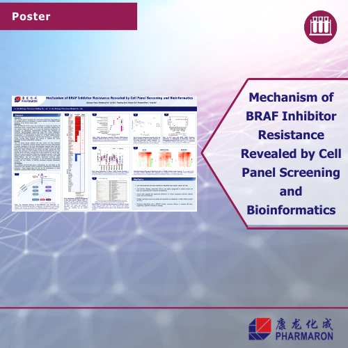 Scientific poster detailing BRAF inhibitor resistance mechanisms identified through cell panel screening and bioinformatics, shown on a geometric background.