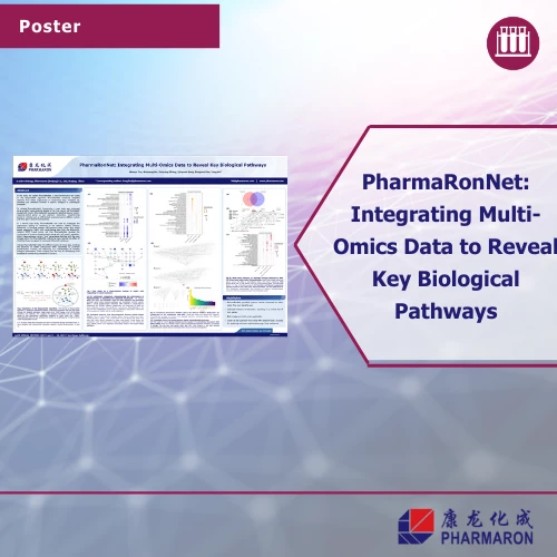 Scientific poster presenting PharmaRonNet for integrating multi-omics data to identify key biological pathways, set against a tech-themed backdrop.