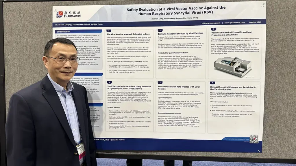 Scientist presenting Pharmaron's SOT 2025 poster on toxicology and safety of a viral vector vaccine targeting respiratory syncytial virus (RSV) in rats.