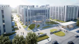 Pharmaron Beijing Campus II featuring sleek glass-and-stone buildings, landscaped walkways, and a modern entrance plaza with visible logo signage.
