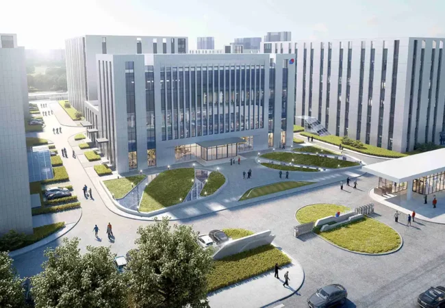 Pharmaron Beijing Campus II featuring sleek glass-and-stone buildings, landscaped walkways, and a modern entrance plaza with visible logo signage.