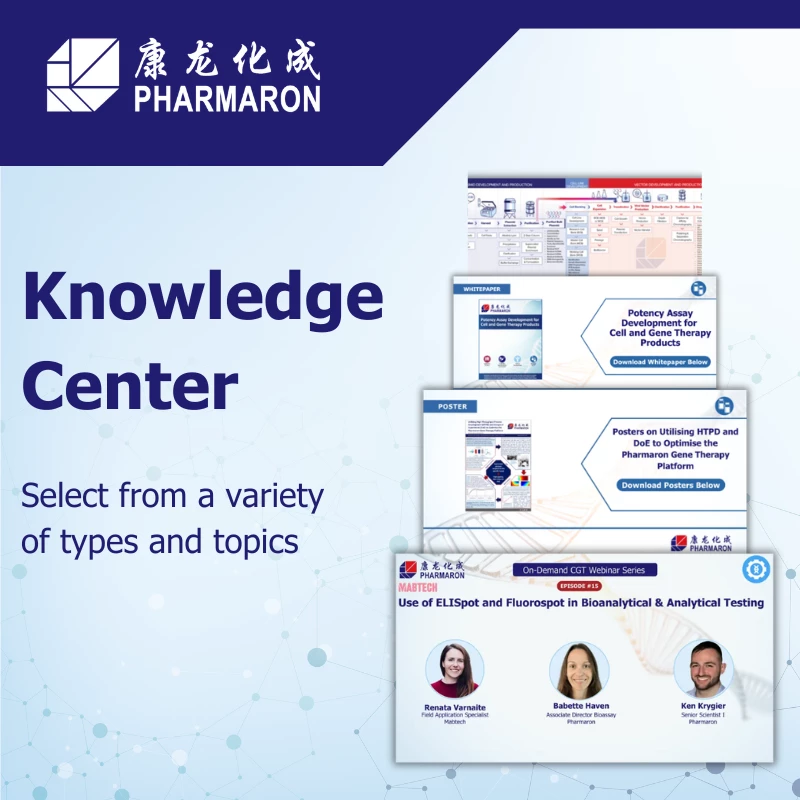 Pharmaron Knowledge Center promo highlighting whitepapers, posters, and webinars on cell and gene therapy analytics and platform optimization.