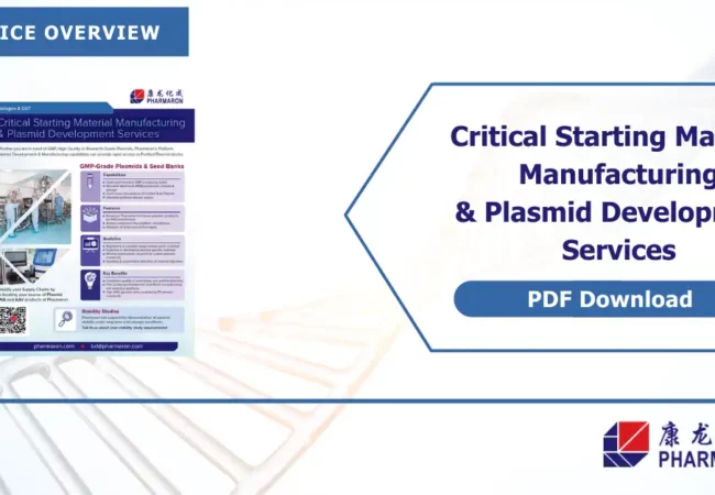 Pharmaron overview for GMP-grade plasmid manufacturing and development services, featuring plasmid analytics, facilities, and PDF download option.