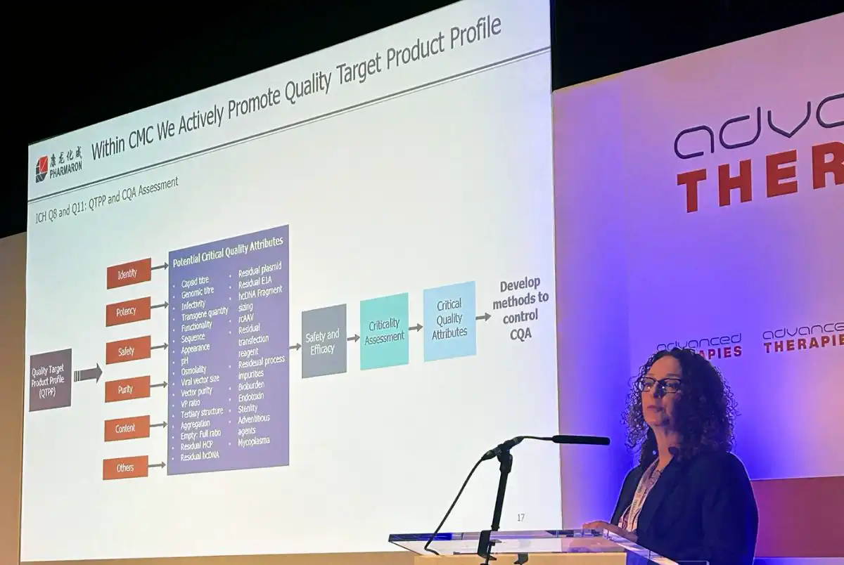 Scientist presenting on Quality Target Product Profile (QTPP) and Critical Quality Attributes (CQA) at the Advanced Therapies conference under Pharmaron branding.